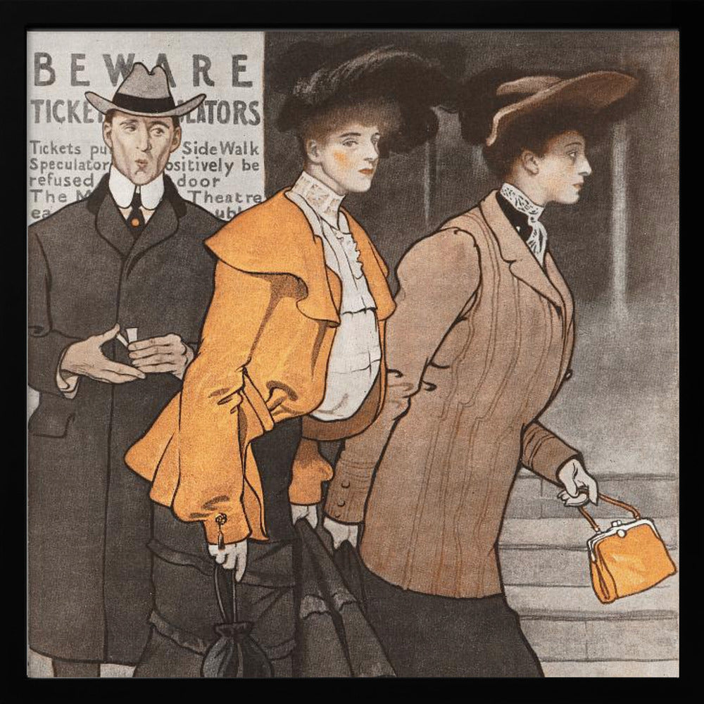 A vintage illustration of three people in early 20th-century clothing. A man in a dark suit and hat stands behind two women. The woman in the center wears a vibrant orange jacket and a large black hat, while the woman on the right wears a tailored brown suit and carries a small orange purse. They are walking on a city street past a sign that reads 'BEWARE TICKET SCALATORS'. Decor