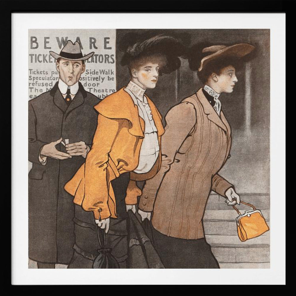 A vintage illustration of three people in early 20th-century clothing. A man in a dark suit and hat stands behind two women. The woman in the center wears a vibrant orange jacket and a large black hat, while the woman on the right wears a tailored brown suit and carries a small orange purse. They are walking on a city street past a sign that reads 'BEWARE TICKET SCALATORS'. Decor