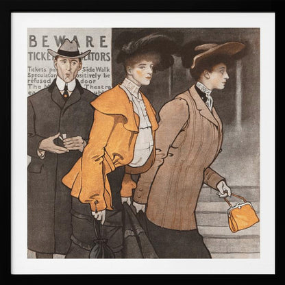 A vintage illustration of three people in early 20th-century clothing. A man in a dark suit and hat stands behind two women. The woman in the center wears a vibrant orange jacket and a large black hat, while the woman on the right wears a tailored brown suit and carries a small orange purse. They are walking on a city street past a sign that reads 'BEWARE TICKET SCALATORS'. Decor