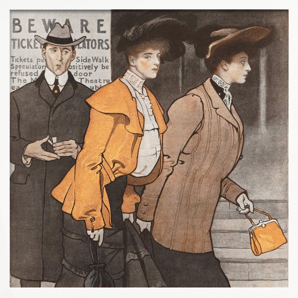 A vintage illustration of three people in early 20th-century clothing. A man in a dark suit and hat stands behind two women. The woman in the center wears a vibrant orange jacket and a large black hat, while the woman on the right wears a tailored brown suit and carries a small orange purse. They are walking on a city street past a sign that reads 'BEWARE TICKET SCALATORS'. Decor