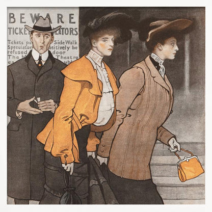 A vintage illustration of three people in early 20th-century clothing. A man in a dark suit and hat stands behind two women. The woman in the center wears a vibrant orange jacket and a large black hat, while the woman on the right wears a tailored brown suit and carries a small orange purse. They are walking on a city street past a sign that reads 'BEWARE TICKET SCALATORS'. Decor