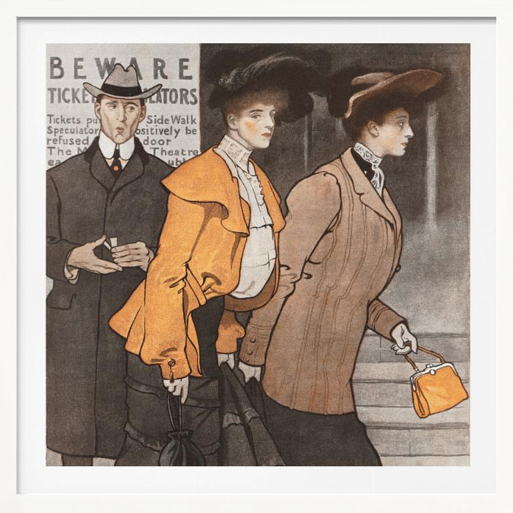 A vintage illustration of three people in early 20th-century clothing. A man in a dark suit and hat stands behind two women. The woman in the center wears a vibrant orange jacket and a large black hat, while the woman on the right wears a tailored brown suit and carries a small orange purse. They are walking on a city street past a sign that reads 'BEWARE TICKET SCALATORS'. Decor