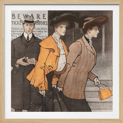 A vintage illustration of three people in early 20th-century clothing. A man in a dark suit and hat stands behind two women. The woman in the center wears a vibrant orange jacket and a large black hat, while the woman on the right wears a tailored brown suit and carries a small orange purse. They are walking on a city street past a sign that reads 'BEWARE TICKET SCALATORS'. Decor