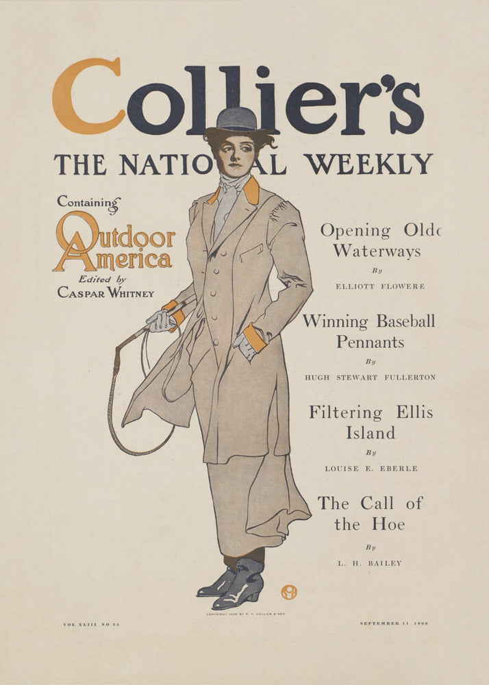 A vintage cover of Collier's magazine, 'The National Weekly', from September 11, 1909. The central illustration is of a woman in Edwardian-era attire, wearing a long tan coat with orange accents, a grey hat, and holding a riding crop. The magazine title is prominent at the top, with a table of contents listed to the right. Decor