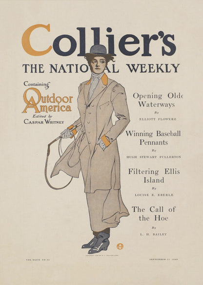 A vintage cover of Collier's magazine, 'The National Weekly', from September 11, 1909. The central illustration is of a woman in Edwardian-era attire, wearing a long tan coat with orange accents, a grey hat, and holding a riding crop. The magazine title is prominent at the top, with a table of contents listed to the right. Decor