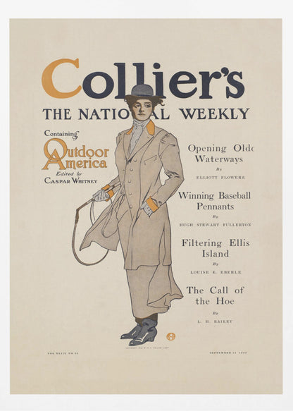A vintage cover of Collier's magazine, 'The National Weekly', from September 11, 1909. The central illustration is of a woman in Edwardian-era attire, wearing a long tan coat with orange accents, a grey hat, and holding a riding crop. The magazine title is prominent at the top, with a table of contents listed to the right. Decor