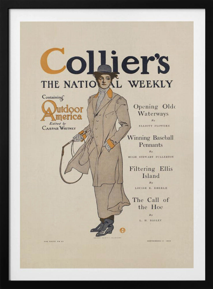 A vintage cover of Collier's magazine, 'The National Weekly', from September 11, 1909. The central illustration is of a woman in Edwardian-era attire, wearing a long tan coat with orange accents, a grey hat, and holding a riding crop. The magazine title is prominent at the top, with a table of contents listed to the right. Decor