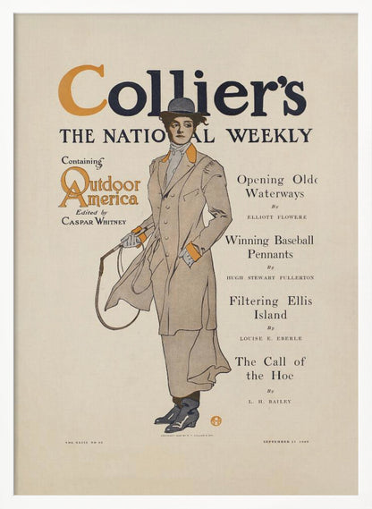 A vintage cover of Collier's magazine, 'The National Weekly', from September 11, 1909. The central illustration is of a woman in Edwardian-era attire, wearing a long tan coat with orange accents, a grey hat, and holding a riding crop. The magazine title is prominent at the top, with a table of contents listed to the right. Decor