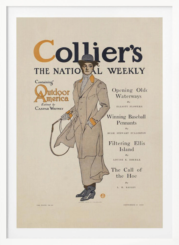 A vintage cover of Collier's magazine, 'The National Weekly', from September 11, 1909. The central illustration is of a woman in Edwardian-era attire, wearing a long tan coat with orange accents, a grey hat, and holding a riding crop. The magazine title is prominent at the top, with a table of contents listed to the right. Decor