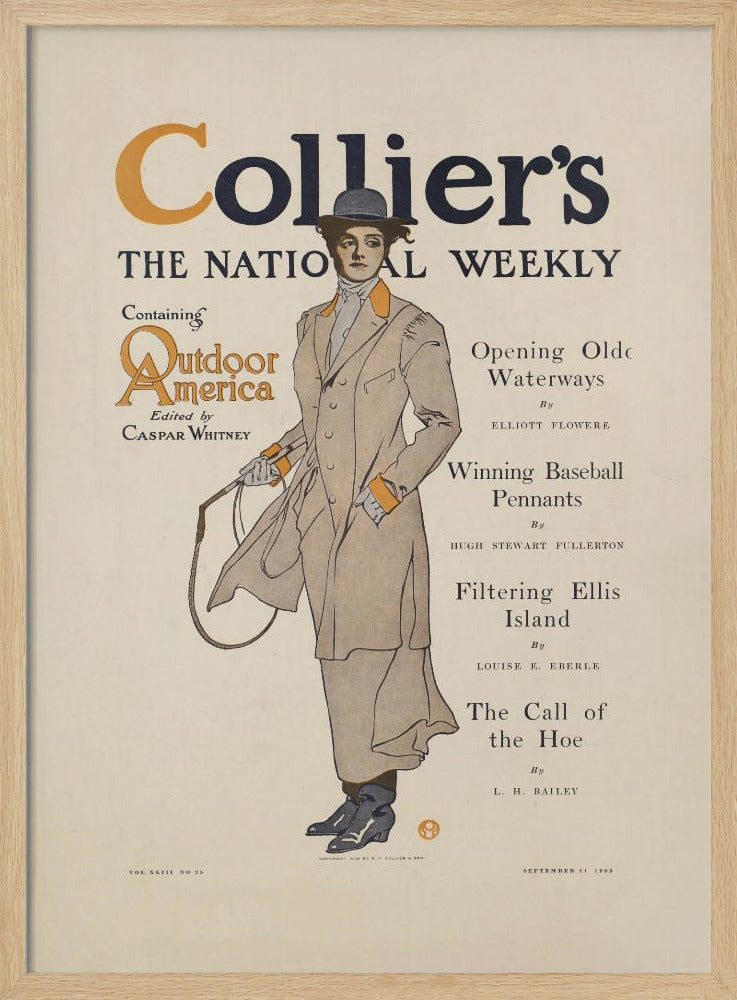 A vintage cover of Collier's magazine, 'The National Weekly', from September 11, 1909. The central illustration is of a woman in Edwardian-era attire, wearing a long tan coat with orange accents, a grey hat, and holding a riding crop. The magazine title is prominent at the top, with a table of contents listed to the right. Decor