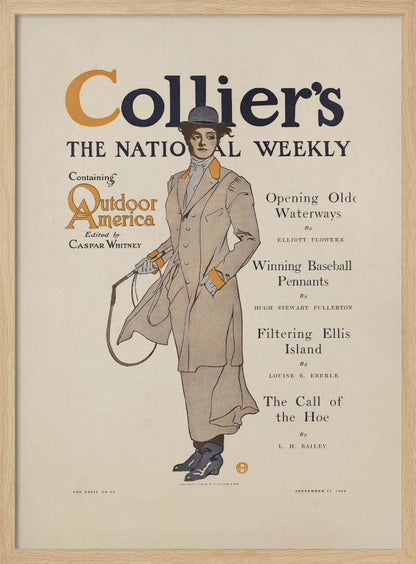 A vintage cover of Collier's magazine, 'The National Weekly', from September 11, 1909. The central illustration is of a woman in Edwardian-era attire, wearing a long tan coat with orange accents, a grey hat, and holding a riding crop. The magazine title is prominent at the top, with a table of contents listed to the right. Decor