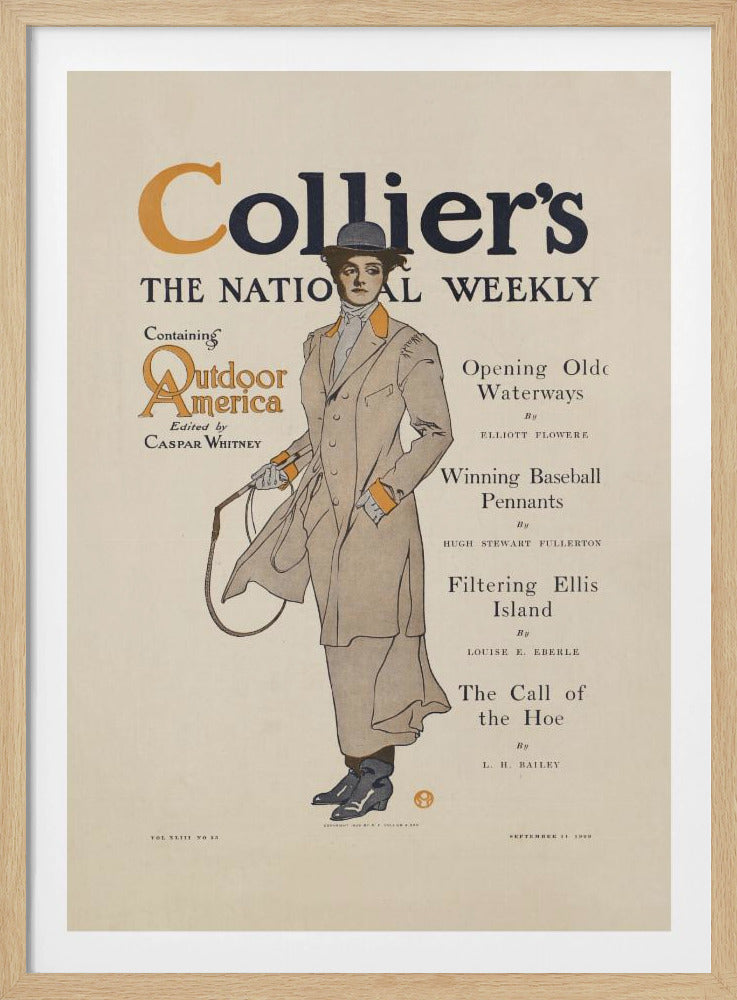 A vintage cover of Collier's magazine, 'The National Weekly', from September 11, 1909. The central illustration is of a woman in Edwardian-era attire, wearing a long tan coat with orange accents, a grey hat, and holding a riding crop. The magazine title is prominent at the top, with a table of contents listed to the right. Decor