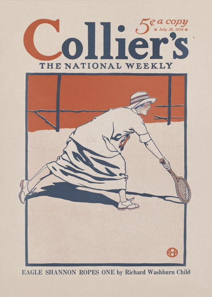 A vintage Collier's magazine cover from July 29, 1916, featuring an illustration of a woman in period athletic wear playing tennis. She is in mid-lunge, reaching for the ball with her racquet. The artwork uses a limited color palette of orange, dark blue, and off-white, all contained within a black frame. Poster