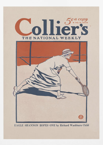 A vintage Collier's magazine cover from July 29, 1916, featuring an illustration of a woman in period athletic wear playing tennis. She is in mid-lunge, reaching for the ball with her racquet. The artwork uses a limited color palette of orange, dark blue, and off-white, all contained within a black frame. Poster
