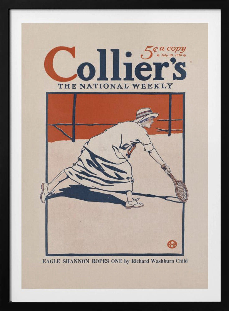 A vintage Collier's magazine cover from July 29, 1916, featuring an illustration of a woman in period athletic wear playing tennis. She is in mid-lunge, reaching for the ball with her racquet. The artwork uses a limited color palette of orange, dark blue, and off-white, all contained within a black frame. Poster