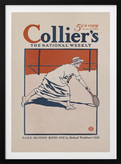A vintage Collier's magazine cover from July 29, 1916, featuring an illustration of a woman in period athletic wear playing tennis. She is in mid-lunge, reaching for the ball with her racquet. The artwork uses a limited color palette of orange, dark blue, and off-white, all contained within a black frame. Poster