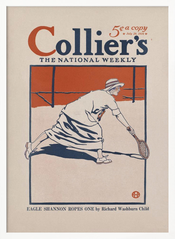 A vintage Collier's magazine cover from July 29, 1916, featuring an illustration of a woman in period athletic wear playing tennis. She is in mid-lunge, reaching for the ball with her racquet. The artwork uses a limited color palette of orange, dark blue, and off-white, all contained within a black frame. Poster