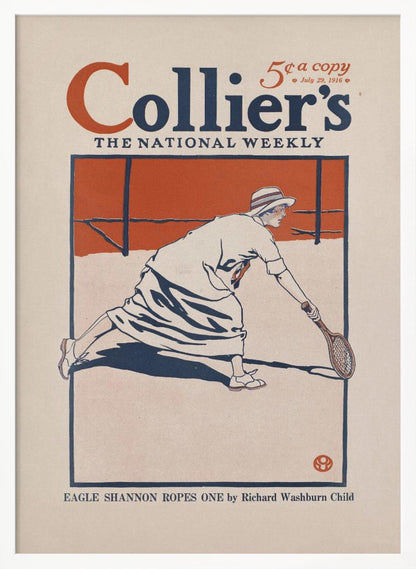 A vintage Collier's magazine cover from July 29, 1916, featuring an illustration of a woman in period athletic wear playing tennis. She is in mid-lunge, reaching for the ball with her racquet. The artwork uses a limited color palette of orange, dark blue, and off-white, all contained within a black frame. Poster