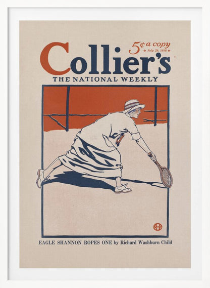 A vintage Collier's magazine cover from July 29, 1916, featuring an illustration of a woman in period athletic wear playing tennis. She is in mid-lunge, reaching for the ball with her racquet. The artwork uses a limited color palette of orange, dark blue, and off-white, all contained within a black frame. Poster