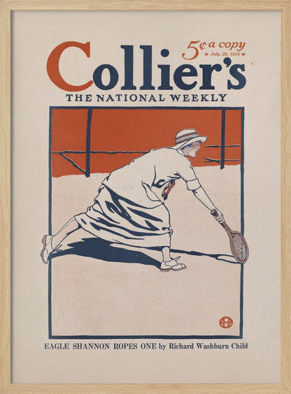 A vintage Collier's magazine cover from July 29, 1916, featuring an illustration of a woman in period athletic wear playing tennis. She is in mid-lunge, reaching for the ball with her racquet. The artwork uses a limited color palette of orange, dark blue, and off-white, all contained within a black frame. Poster