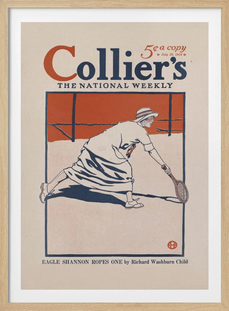 A vintage Collier's magazine cover from July 29, 1916, featuring an illustration of a woman in period athletic wear playing tennis. She is in mid-lunge, reaching for the ball with her racquet. The artwork uses a limited color palette of orange, dark blue, and off-white, all contained within a black frame. Poster