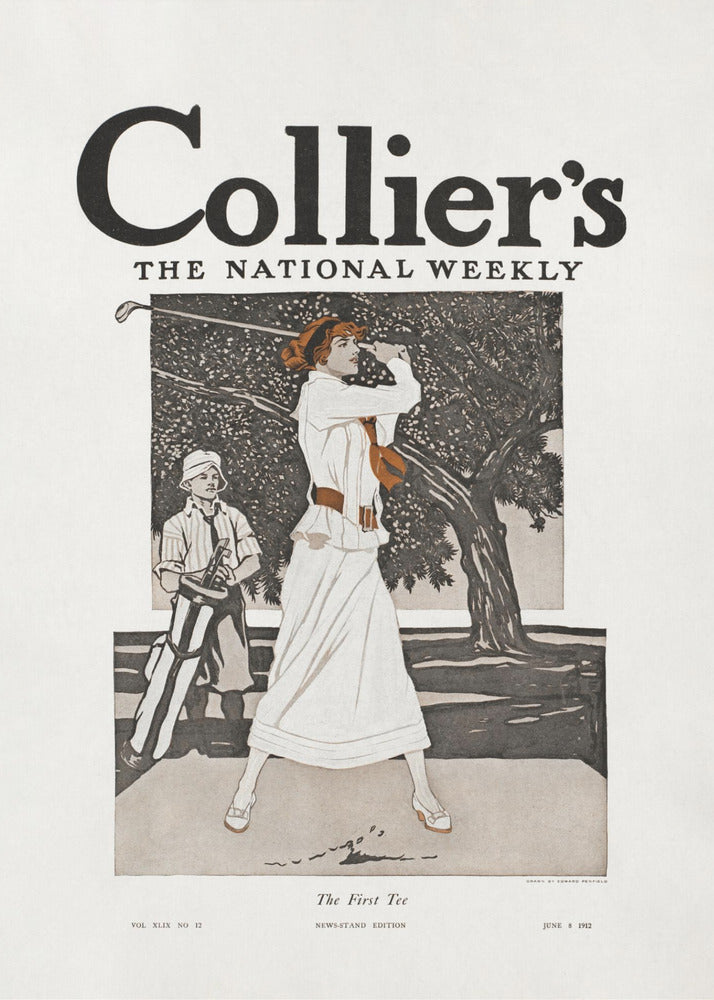 A vintage Collier's magazine cover from June 8, 1912, titled 'The First Tee'. The illustration shows an elegantly dressed woman in a long white gown swinging a golf club, with a young caddy standing nearby against a backdrop of a large tree. Decor