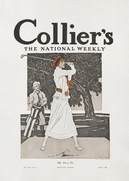 A vintage Collier's magazine cover from June 8, 1912, titled 'The First Tee'. The illustration shows an elegantly dressed woman in a long white gown swinging a golf club, with a young caddy standing nearby against a backdrop of a large tree. Decor