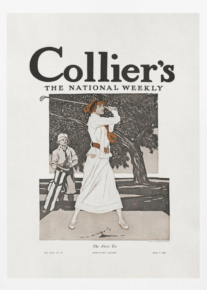 A vintage Collier's magazine cover from June 8, 1912, titled 'The First Tee'. The illustration shows an elegantly dressed woman in a long white gown swinging a golf club, with a young caddy standing nearby against a backdrop of a large tree. Decor