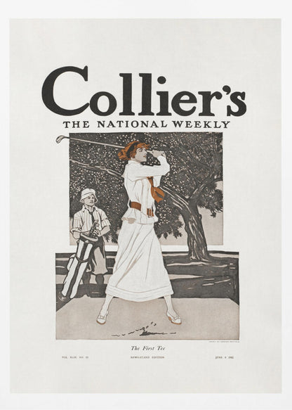A vintage Collier's magazine cover from June 8, 1912, titled 'The First Tee'. The illustration shows an elegantly dressed woman in a long white gown swinging a golf club, with a young caddy standing nearby against a backdrop of a large tree. Decor