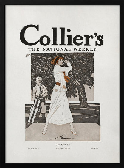 A vintage Collier's magazine cover from June 8, 1912, titled 'The First Tee'. The illustration shows an elegantly dressed woman in a long white gown swinging a golf club, with a young caddy standing nearby against a backdrop of a large tree. Decor