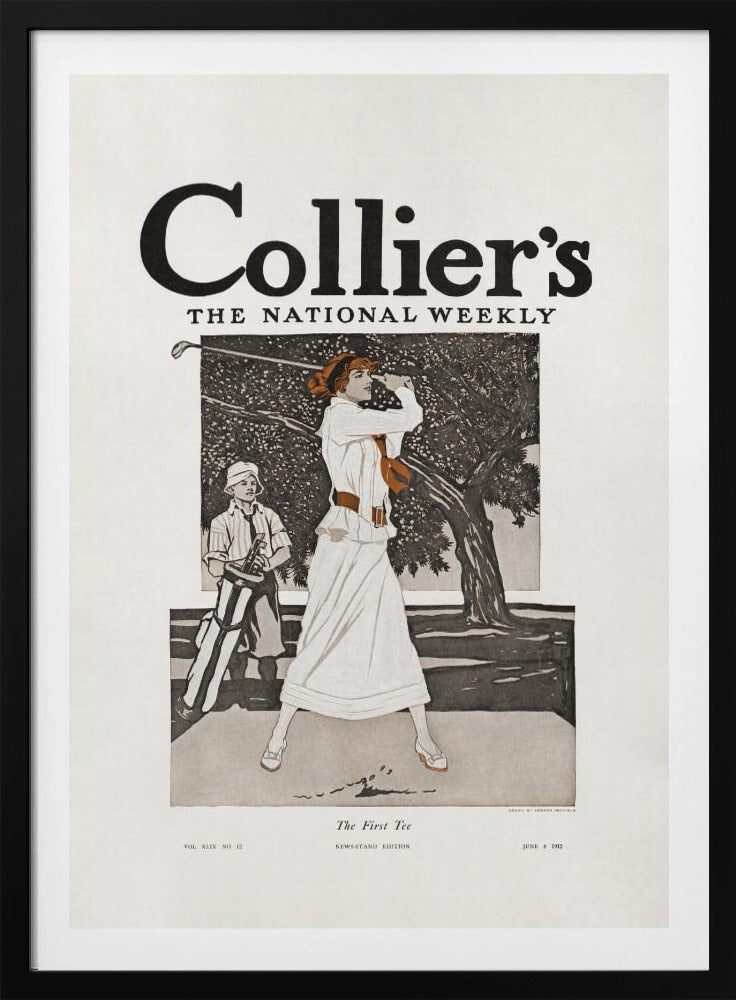 A vintage Collier's magazine cover from June 8, 1912, titled 'The First Tee'. The illustration shows an elegantly dressed woman in a long white gown swinging a golf club, with a young caddy standing nearby against a backdrop of a large tree. Decor