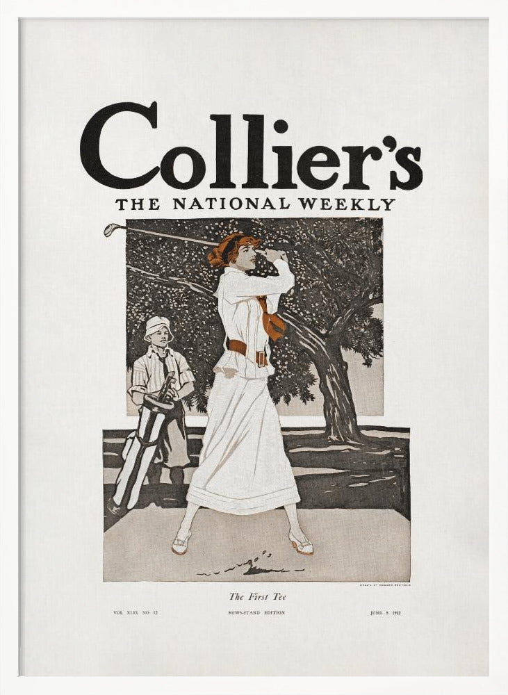 A vintage Collier's magazine cover from June 8, 1912, titled 'The First Tee'. The illustration shows an elegantly dressed woman in a long white gown swinging a golf club, with a young caddy standing nearby against a backdrop of a large tree. Decor
