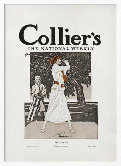 A vintage Collier's magazine cover from June 8, 1912, titled 'The First Tee'. The illustration shows an elegantly dressed woman in a long white gown swinging a golf club, with a young caddy standing nearby against a backdrop of a large tree. Decor