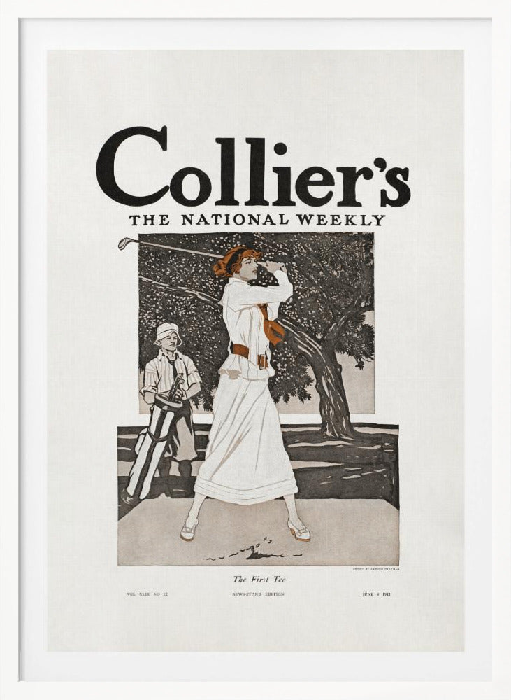 A vintage Collier's magazine cover from June 8, 1912, titled 'The First Tee'. The illustration shows an elegantly dressed woman in a long white gown swinging a golf club, with a young caddy standing nearby against a backdrop of a large tree. Decor