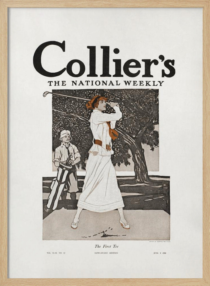 A vintage Collier's magazine cover from June 8, 1912, titled 'The First Tee'. The illustration shows an elegantly dressed woman in a long white gown swinging a golf club, with a young caddy standing nearby against a backdrop of a large tree. Decor