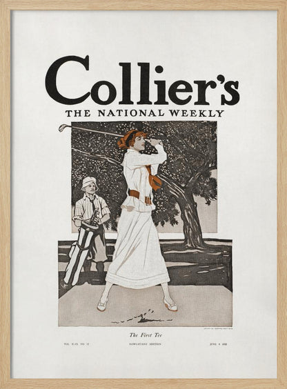 A vintage Collier's magazine cover from June 8, 1912, titled 'The First Tee'. The illustration shows an elegantly dressed woman in a long white gown swinging a golf club, with a young caddy standing nearby against a backdrop of a large tree. Decor
