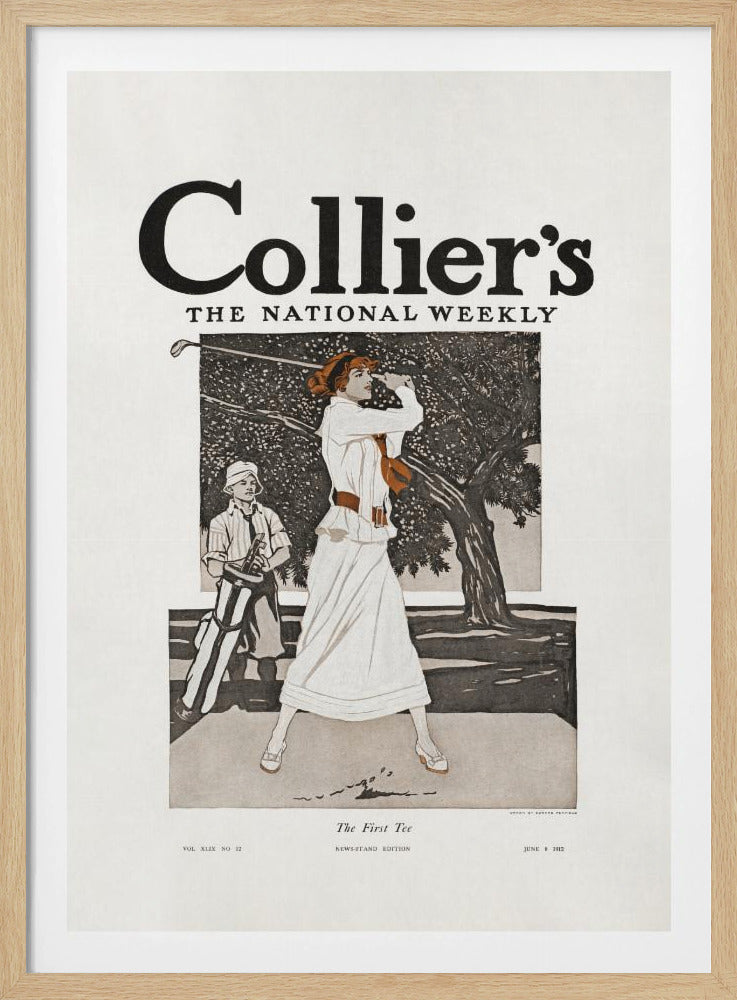 A vintage Collier's magazine cover from June 8, 1912, titled 'The First Tee'. The illustration shows an elegantly dressed woman in a long white gown swinging a golf club, with a young caddy standing nearby against a backdrop of a large tree. Decor
