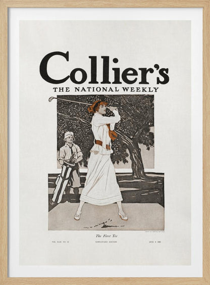 A vintage Collier's magazine cover from June 8, 1912, titled 'The First Tee'. The illustration shows an elegantly dressed woman in a long white gown swinging a golf club, with a young caddy standing nearby against a backdrop of a large tree. Decor