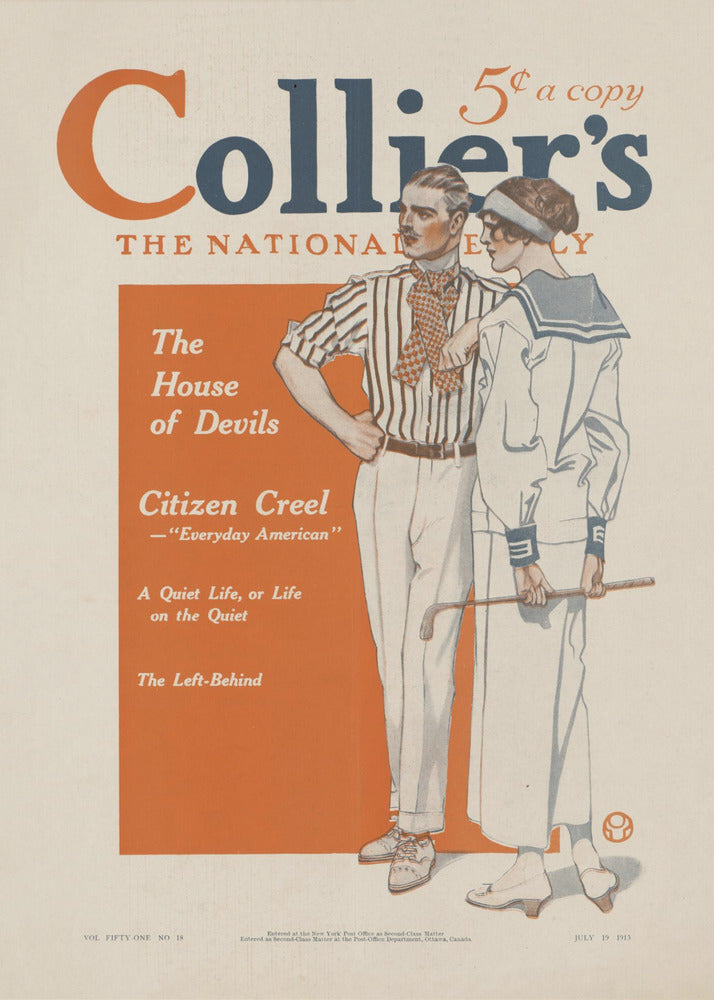 A vintage Collier's magazine cover dated July 19, 1913. The cover features an illustration of a stylish couple. The man wears a striped shirt and white pants, while the woman is in a white sailor dress holding a golf club. The magazine's title is in large orange and blue letters at the top, and a table of contents is listed in an orange box on the left. Print
