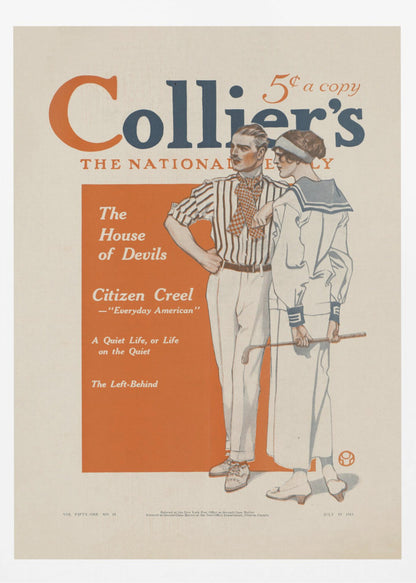 A vintage Collier's magazine cover dated July 19, 1913. The cover features an illustration of a stylish couple. The man wears a striped shirt and white pants, while the woman is in a white sailor dress holding a golf club. The magazine's title is in large orange and blue letters at the top, and a table of contents is listed in an orange box on the left. Print