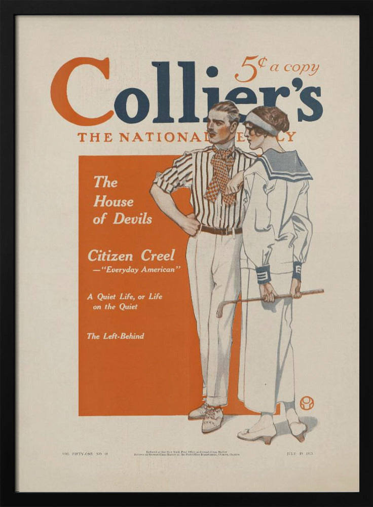 A vintage Collier's magazine cover dated July 19, 1913. The cover features an illustration of a stylish couple. The man wears a striped shirt and white pants, while the woman is in a white sailor dress holding a golf club. The magazine's title is in large orange and blue letters at the top, and a table of contents is listed in an orange box on the left. Print
