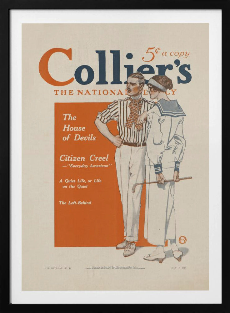 A vintage Collier's magazine cover dated July 19, 1913. The cover features an illustration of a stylish couple. The man wears a striped shirt and white pants, while the woman is in a white sailor dress holding a golf club. The magazine's title is in large orange and blue letters at the top, and a table of contents is listed in an orange box on the left. Print