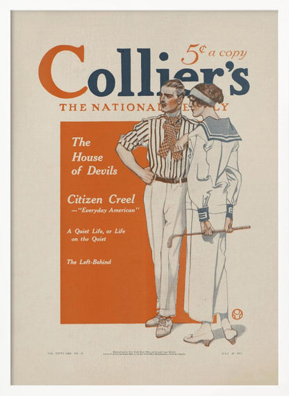 A vintage Collier's magazine cover dated July 19, 1913. The cover features an illustration of a stylish couple. The man wears a striped shirt and white pants, while the woman is in a white sailor dress holding a golf club. The magazine's title is in large orange and blue letters at the top, and a table of contents is listed in an orange box on the left. Print