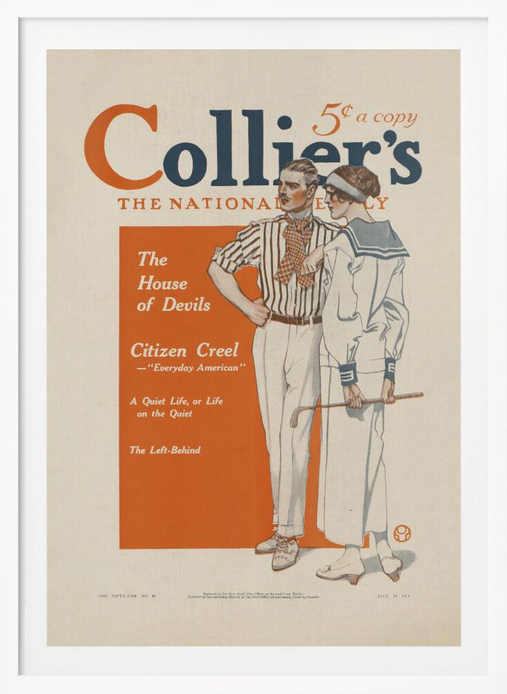 A vintage Collier's magazine cover dated July 19, 1913. The cover features an illustration of a stylish couple. The man wears a striped shirt and white pants, while the woman is in a white sailor dress holding a golf club. The magazine's title is in large orange and blue letters at the top, and a table of contents is listed in an orange box on the left. Print