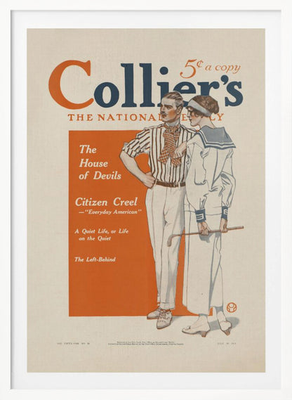 A vintage Collier's magazine cover dated July 19, 1913. The cover features an illustration of a stylish couple. The man wears a striped shirt and white pants, while the woman is in a white sailor dress holding a golf club. The magazine's title is in large orange and blue letters at the top, and a table of contents is listed in an orange box on the left. Print