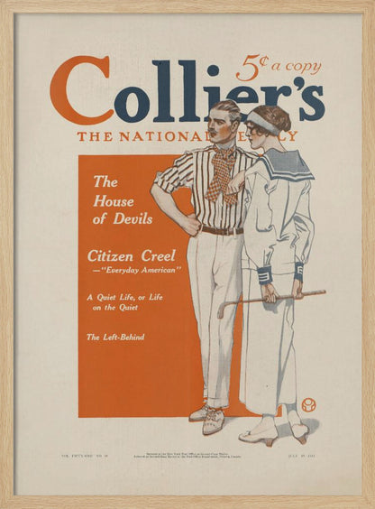 A vintage Collier's magazine cover dated July 19, 1913. The cover features an illustration of a stylish couple. The man wears a striped shirt and white pants, while the woman is in a white sailor dress holding a golf club. The magazine's title is in large orange and blue letters at the top, and a table of contents is listed in an orange box on the left. Print