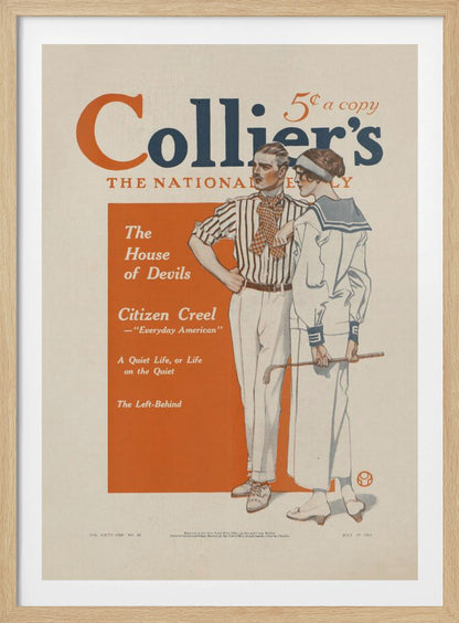 A vintage Collier's magazine cover dated July 19, 1913. The cover features an illustration of a stylish couple. The man wears a striped shirt and white pants, while the woman is in a white sailor dress holding a golf club. The magazine's title is in large orange and blue letters at the top, and a table of contents is listed in an orange box on the left. Print