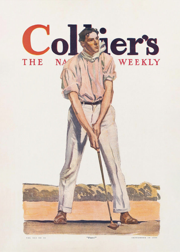A vintage Collier's magazine cover from September 19, 1908, featuring an illustration of a male golfer in a pink shirt and white pants, mid-swing with a golf club. The magazine's title is prominent at the top, and the word 'Fore!' is at the bottom. Decor