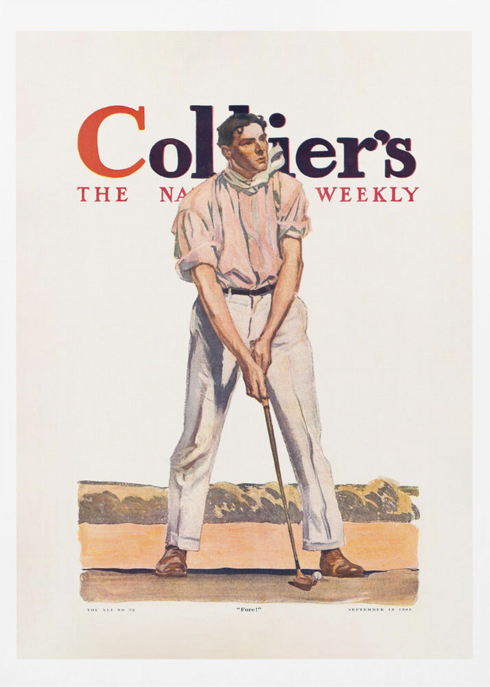 A vintage Collier's magazine cover from September 19, 1908, featuring an illustration of a male golfer in a pink shirt and white pants, mid-swing with a golf club. The magazine's title is prominent at the top, and the word 'Fore!' is at the bottom. Decor