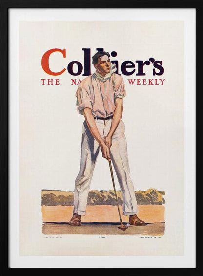 A vintage Collier's magazine cover from September 19, 1908, featuring an illustration of a male golfer in a pink shirt and white pants, mid-swing with a golf club. The magazine's title is prominent at the top, and the word 'Fore!' is at the bottom. Decor